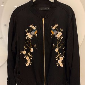 Zara Black Floral Embroidered Bomber Jacket